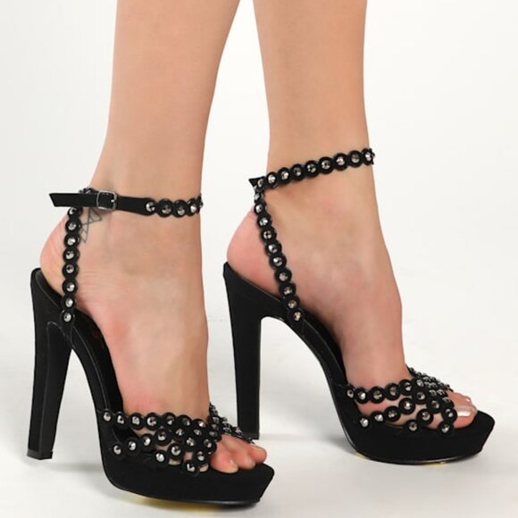 Lulus Fessy Black Suede Rhinestone Platform High Heel Sandals - Size 11 - Picture 1 of 1